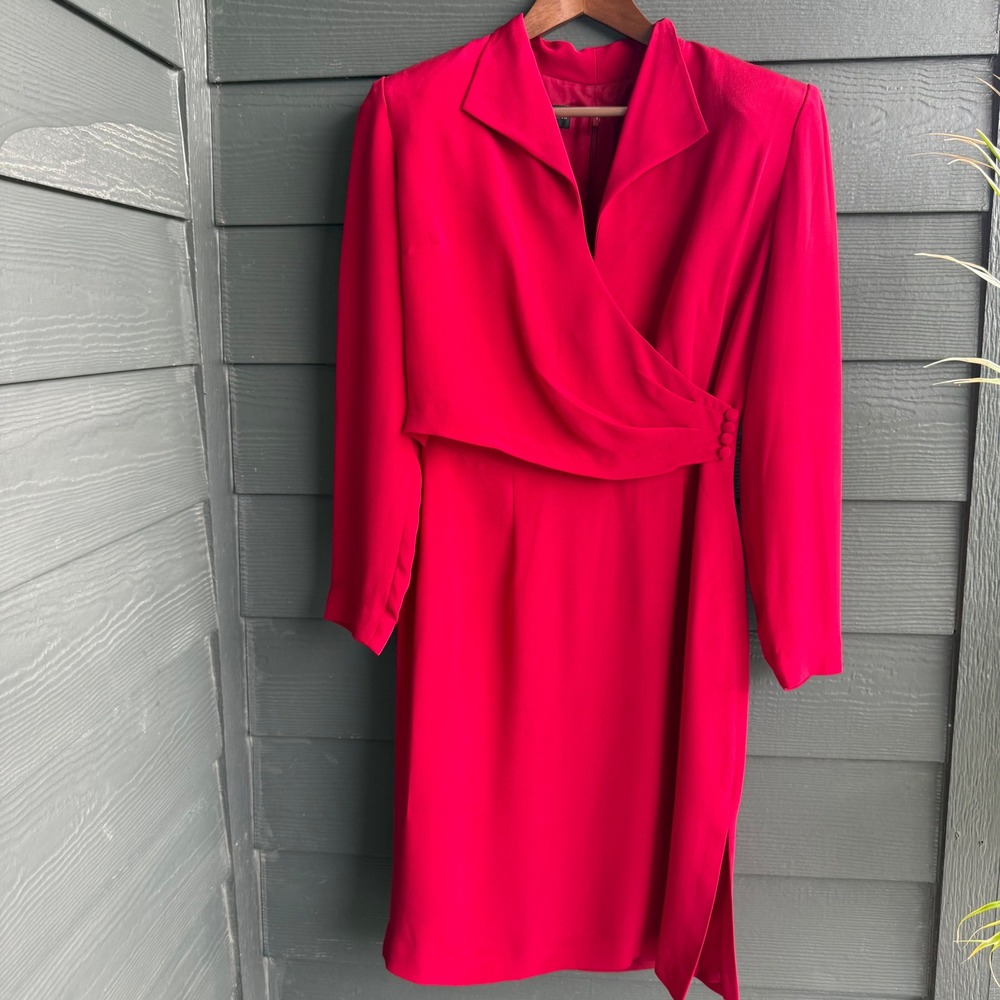 Donna Morgan Silk Wrap Midi Dress Pink Long Sleeve Cocktail Size 10 - Picture 4 of 10